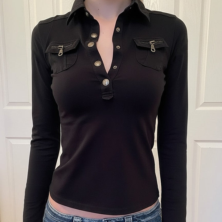 Dame polo shirt med stilfulde lommer og elegante trykknapper Skovae