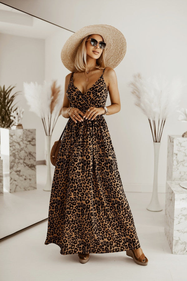 Maxikjole i omslagstil med leopardmønster til damer Stilla