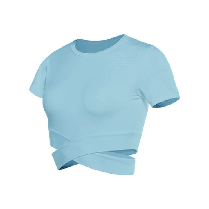 Dame kortærmet træning crop top med innovativ indpakningsoptik Skovae