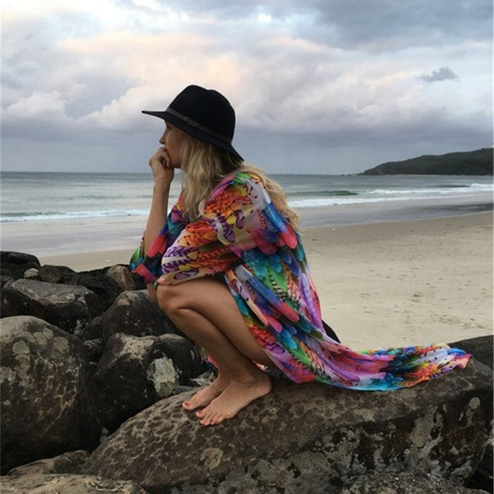 Dame Gennemsigtig Strandkimono med farverigt Fjerdesign Stilla