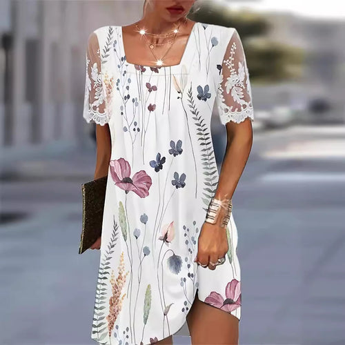 Dame Floral Print Shift Kjole med Spidsærmer Stilla