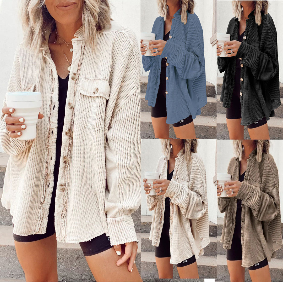 Dame Oversized Vaffel-Strikjakke med Knapdetaljer Stiila