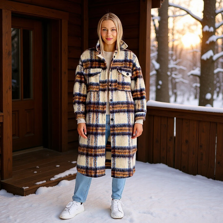 Kvinders fashionable oversized uldfrakke med ternet mønster Stilla