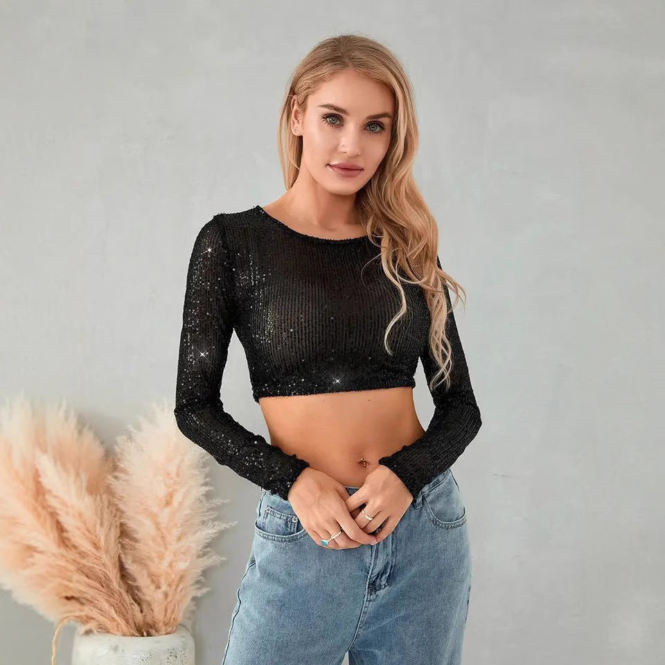 Dame Glitrende Cropped-Top med lange ærmer og funklende design Stilla