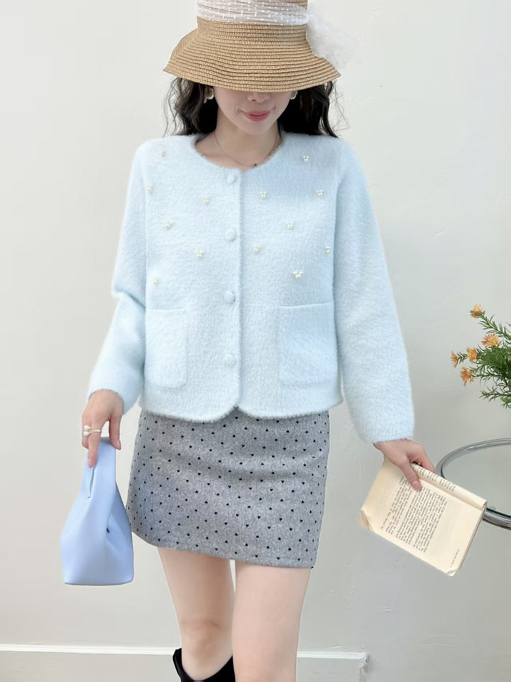 Kvinders Cozy Cardigan med Perle Dekoration og Klassisk Rund Halsudskæring Stilla