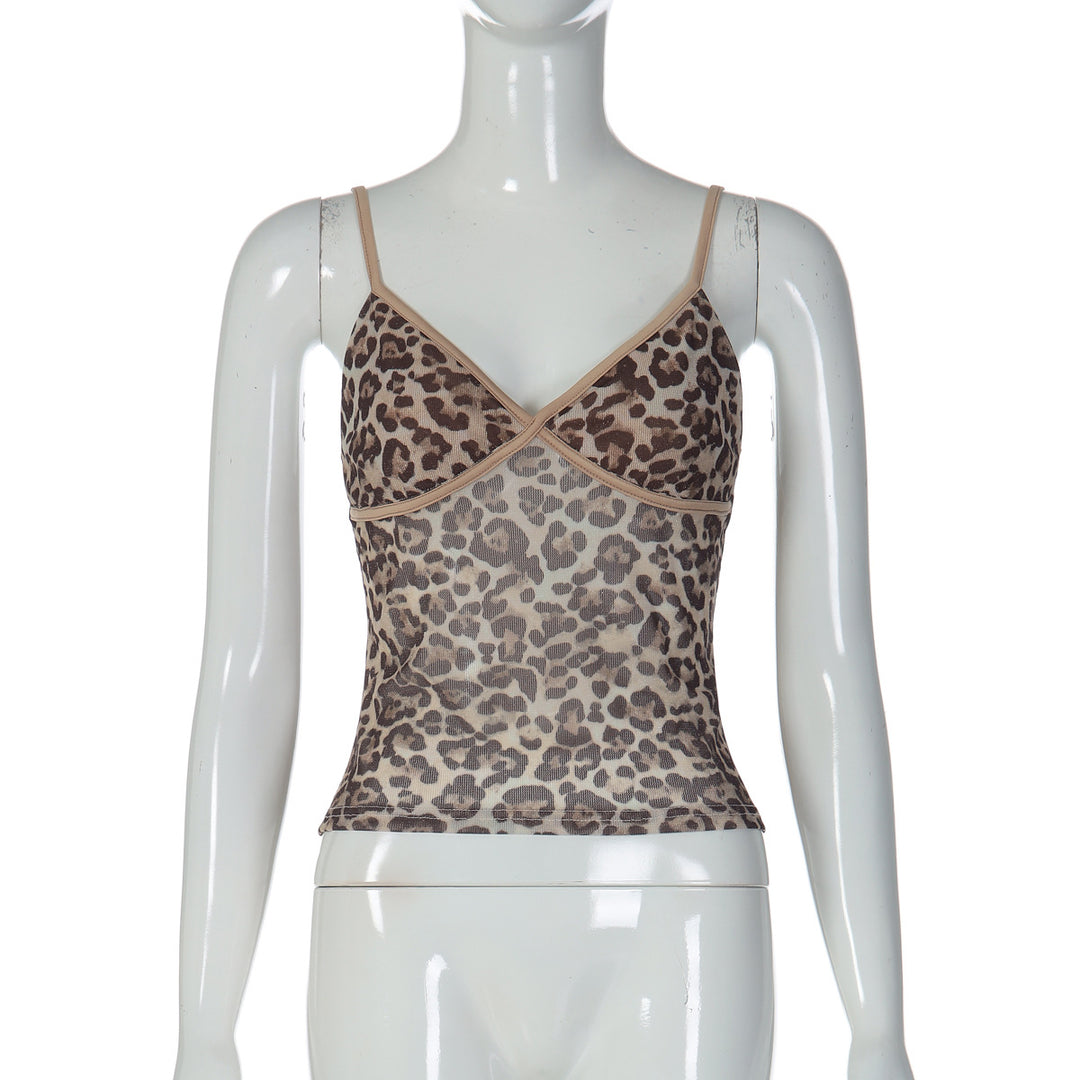 Dame tanktop med leopardtryk og transparent bearbejdning Skovae