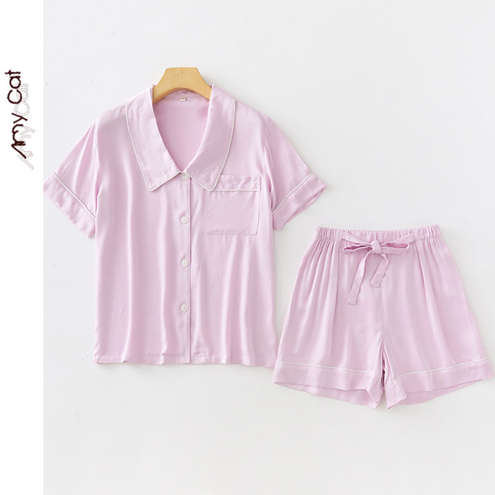 Dame Blødt Satin Pyjamas-Sæt med afslappet Korte Ærmer Overdel og Bløde Bukser Stilla