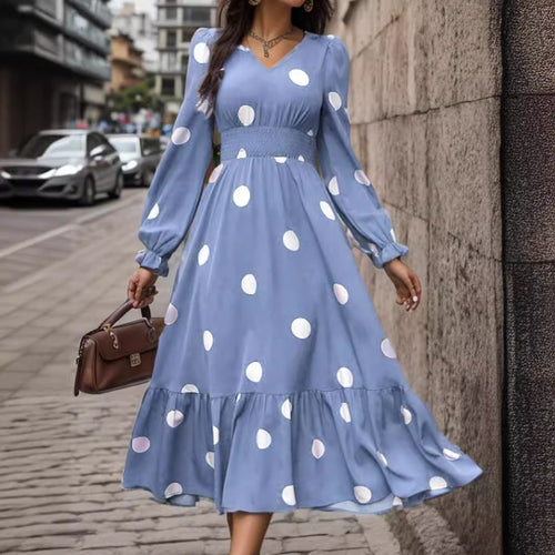Dame maxikjole med voluminøse ærmer og moderne polka-dot mønster Stilla