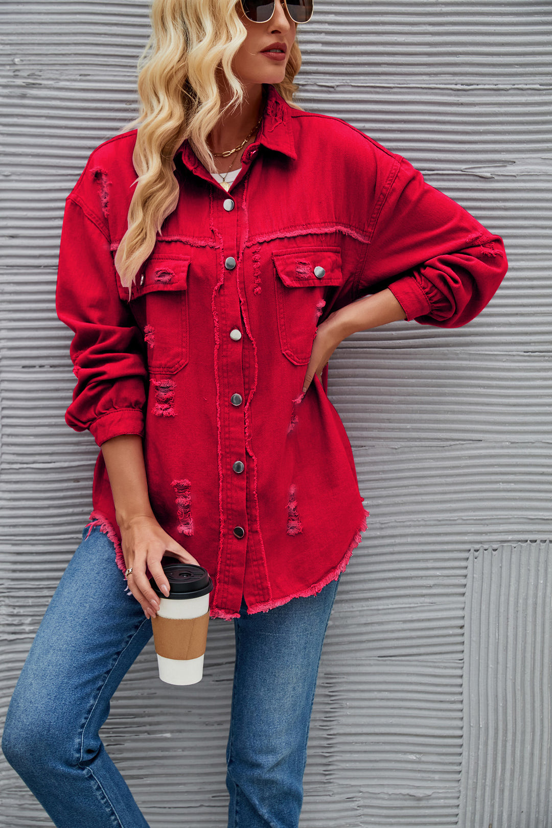 Dame Oversized Denim-Skjortejakke med frynse-detaljer Stilla