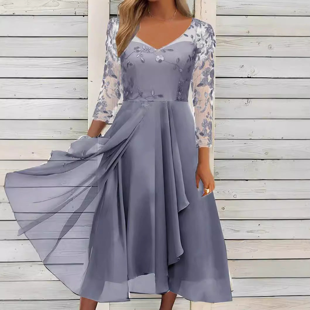 Dame nan V-hals chiffon midikjole med broderet bustier, gennemsigtige trekvartærmer og asymmetrisk lagkjole Skovae