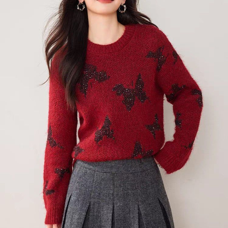 Kvinders stilfulde strikket sweater med funklende sommerfugle-applikationer Stilla
