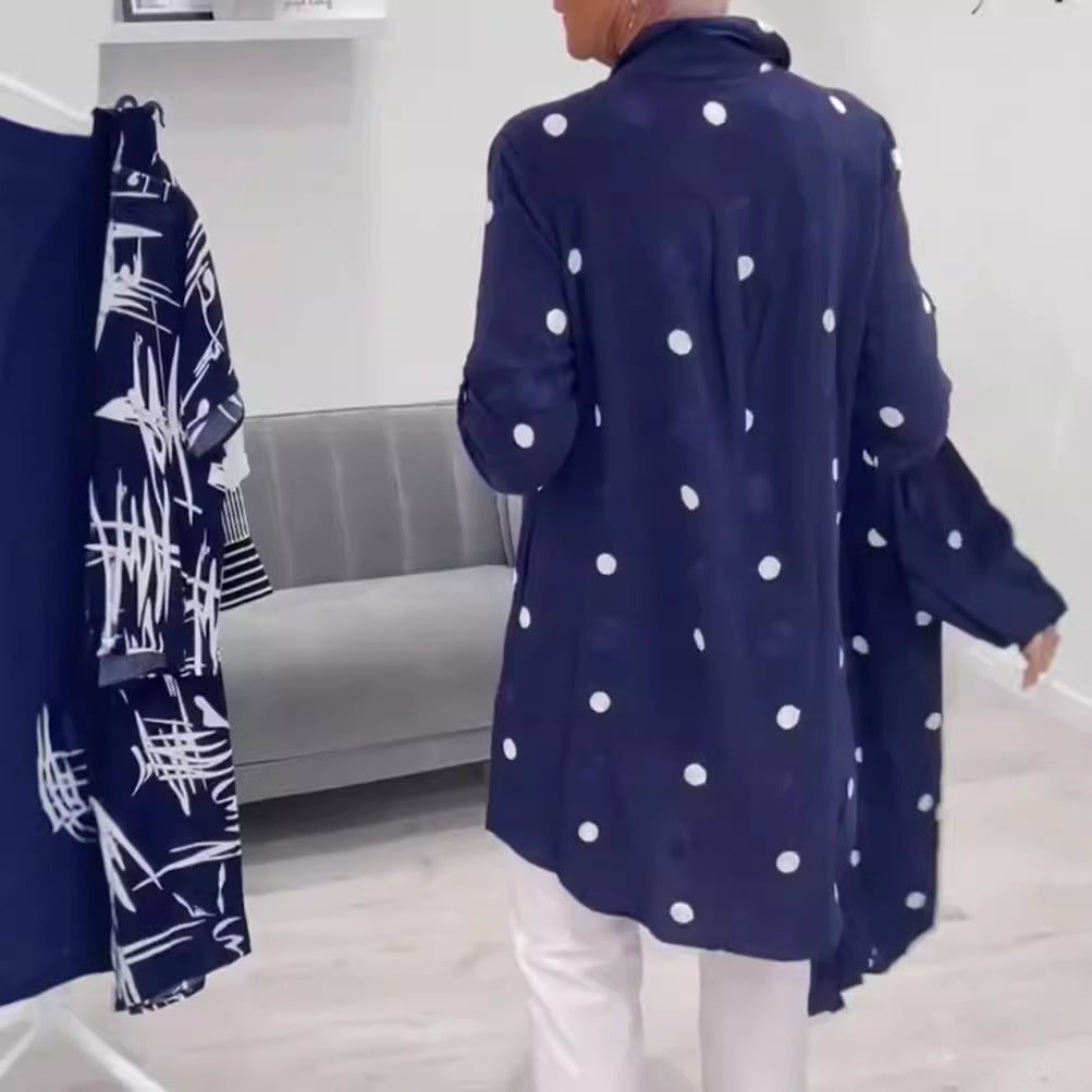 Dame Langærmet Bluse med fashionable Polka-Dots mønster og elegant Krave Stilla