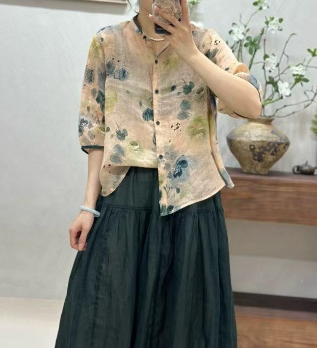 Dame Button-Up Blomstermønster Bluse Stilla