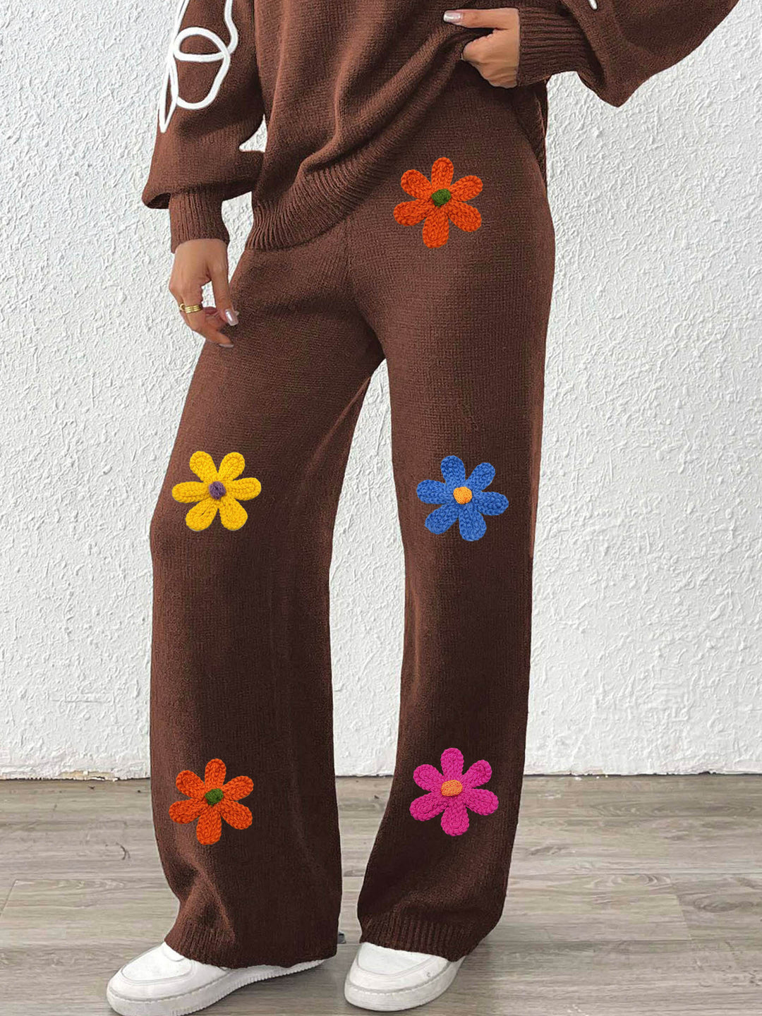 Dame Behagelig Strikbukser med farverige blomster Stilla