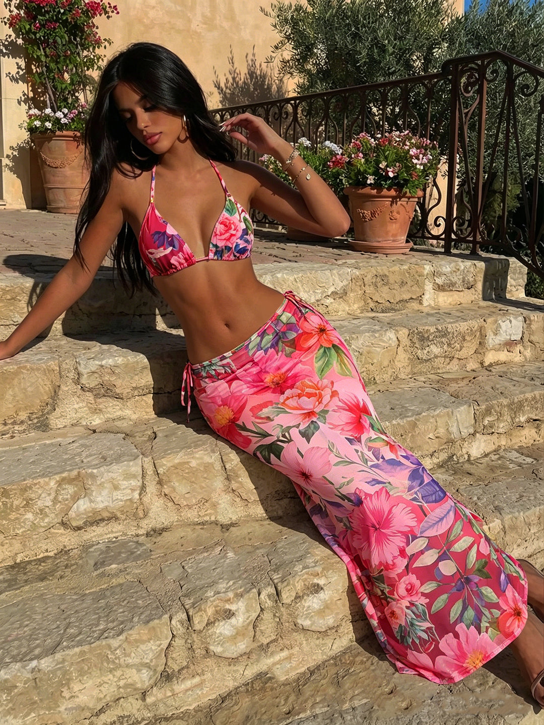 Dame triangel-bikini med blomstret og dyremønster Skovae