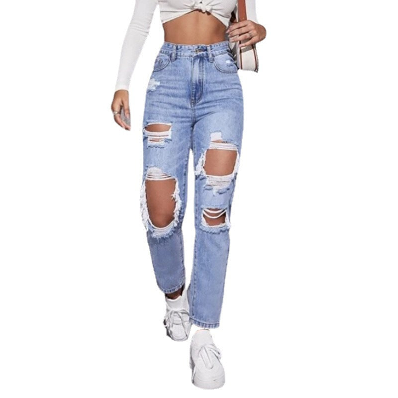 Dame High-Waist Ødelagte Jeans i moderne Relaxed-Fit-stil Stilla