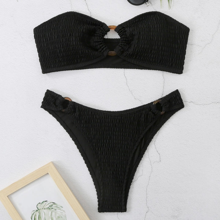Dame Smocked Bandeau-Bikini-Sæt med dekorativt Ringdetalje Stilla