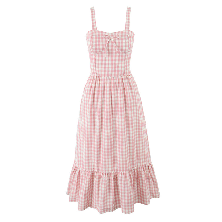 Femme Gingham Midi Kjole med Knude Front og Volang Kant Stilla