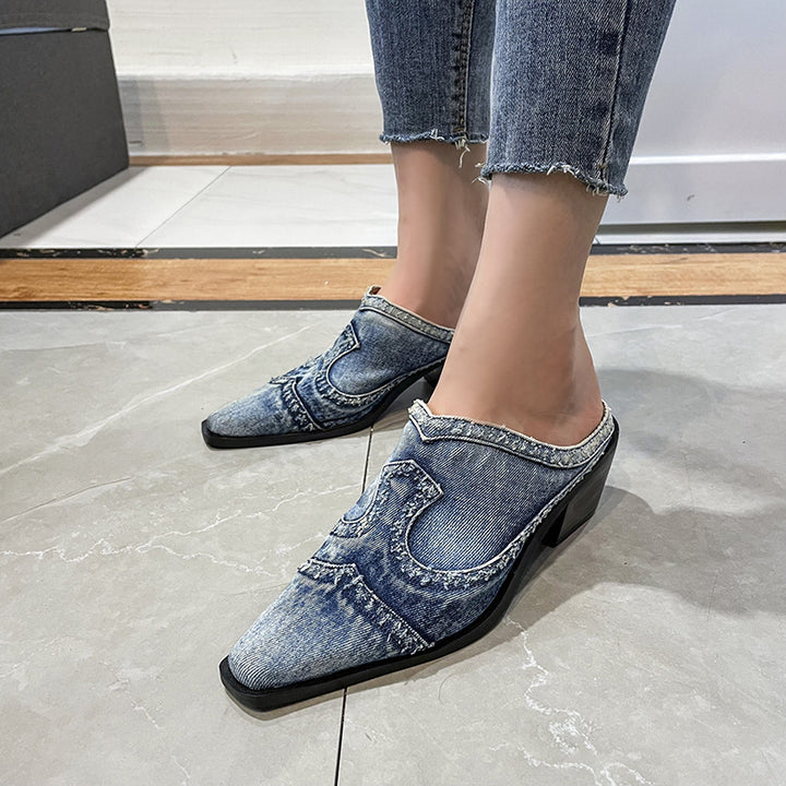 Dame Denim Mules med stiliseret snit og komfortabel blokhælhæl Stilla
