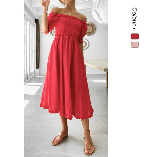 Women's Off-Shoulder Midi Dress with Airy Silhouette and Ruffle Details Skovae