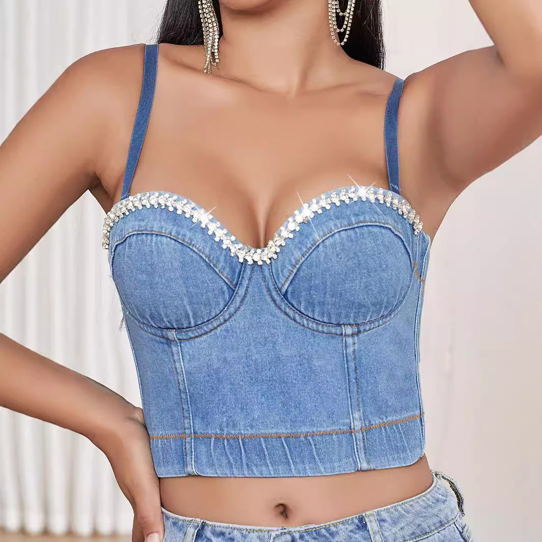 Dame figursyet Denim-Crop-Top med strassbesat Bustier-design Stilla