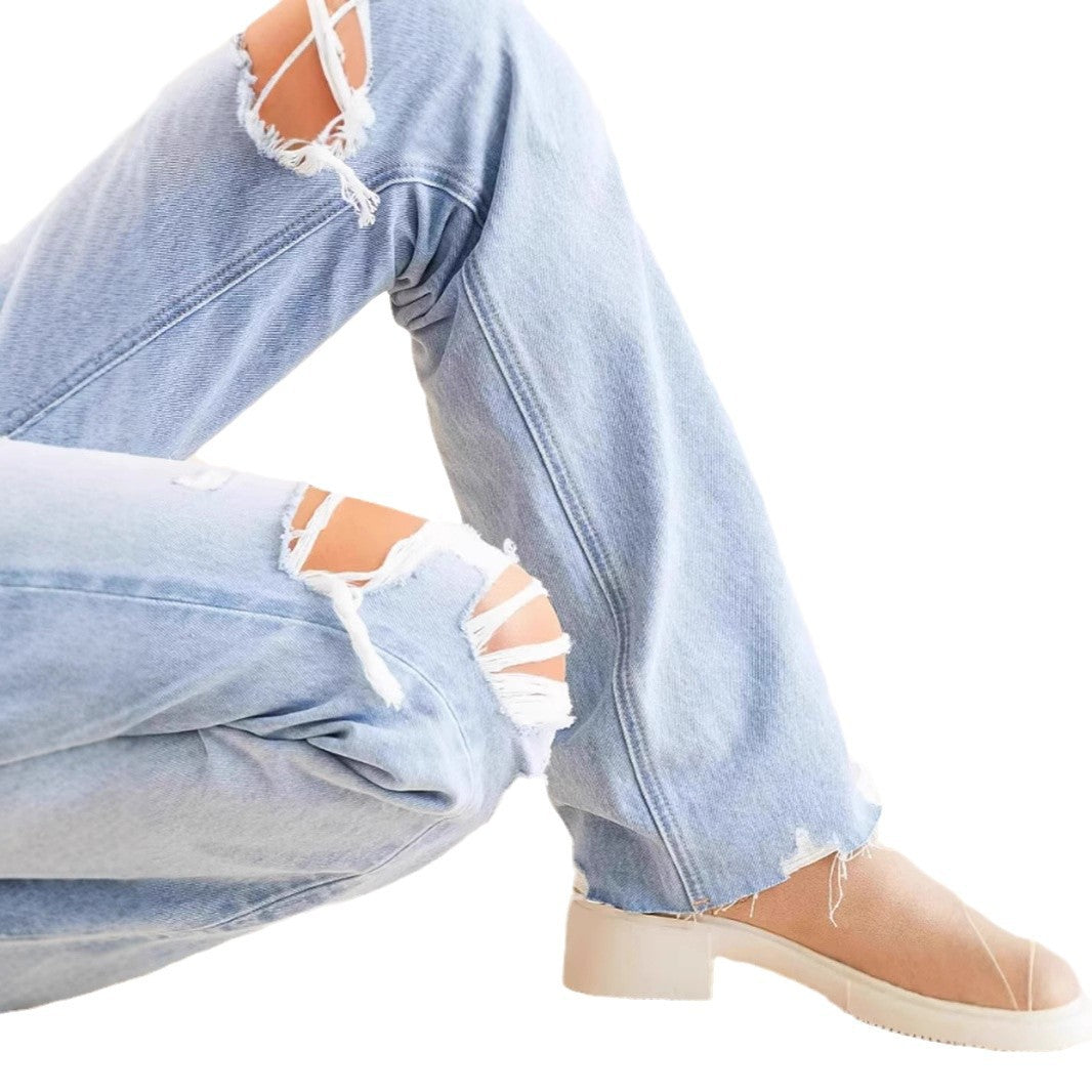 Dame Bred Ødelagte Jeans i afslappet Vintage-stil med høj talje Stilla
