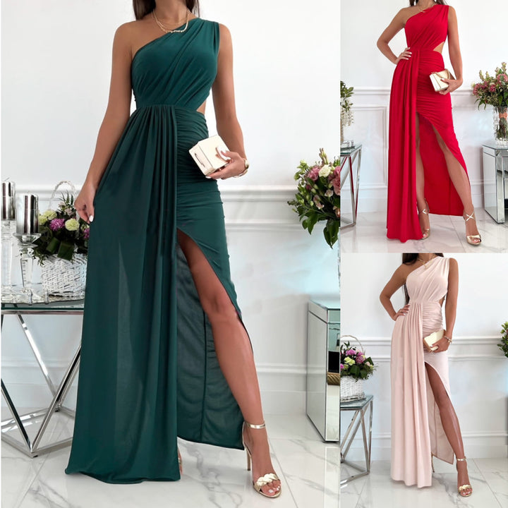 Dame Elegant One-Shoulder Maxikjole med draperet overdel og sidelæg Stilla