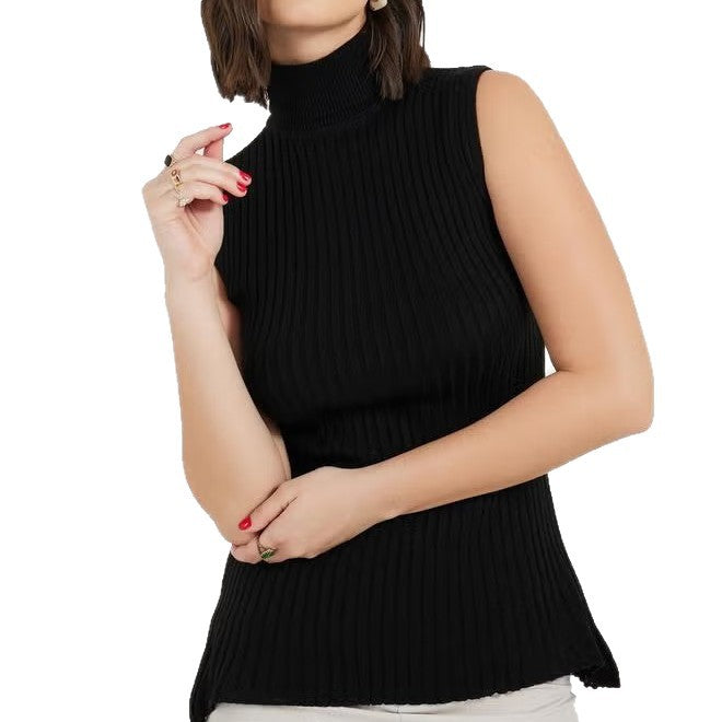 Dame rullekrave sweater uden ærmer med lodret ribmønster Skovae
