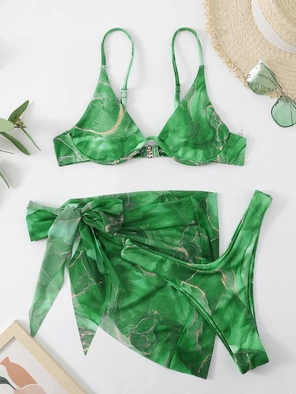 Dame Floral Print Bikini Sæt med matchende Wrap Skirt Stilla