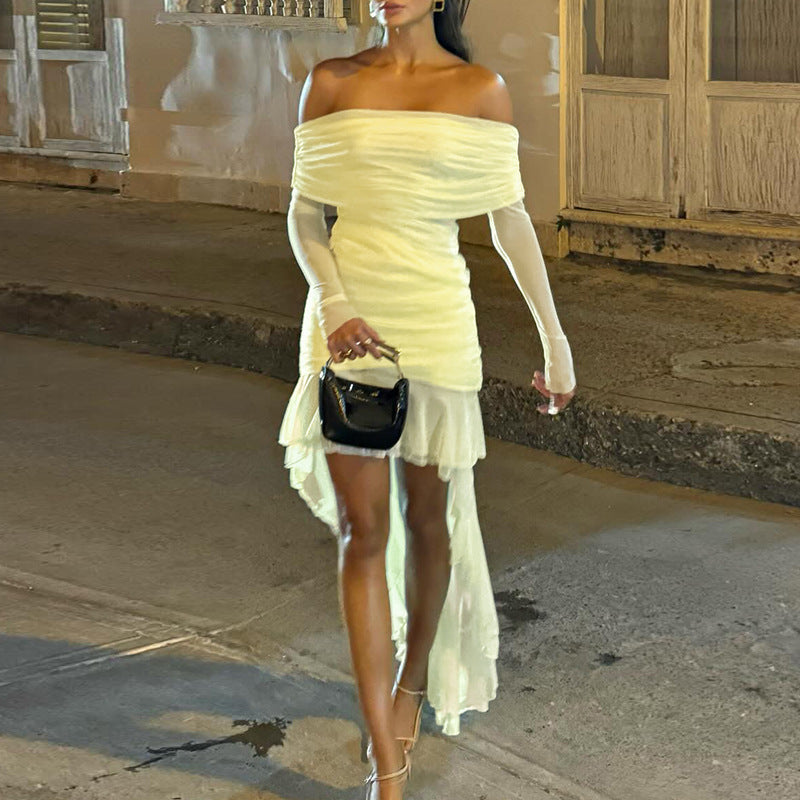 Dame Off-Shoulder Rynk Midi Kjole Stilla