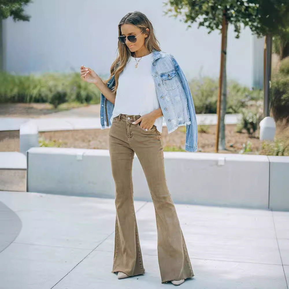 Dame udvidede jeans i vintage stil med høj talje Skovae