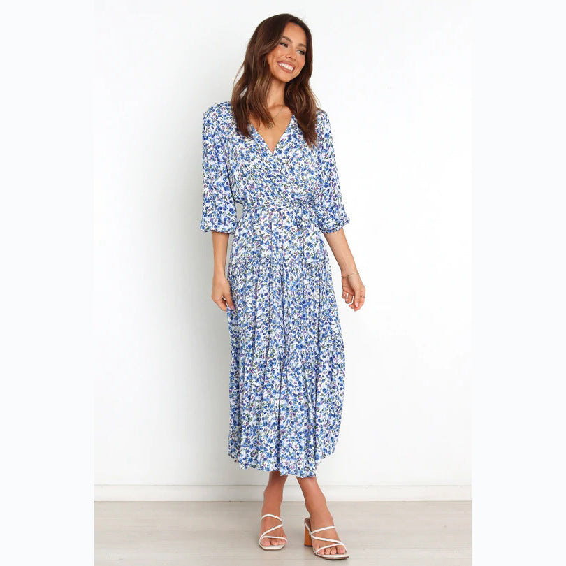 Women's Summer Maxi Dress with Open Décolleté and Floral Pattern Skovae