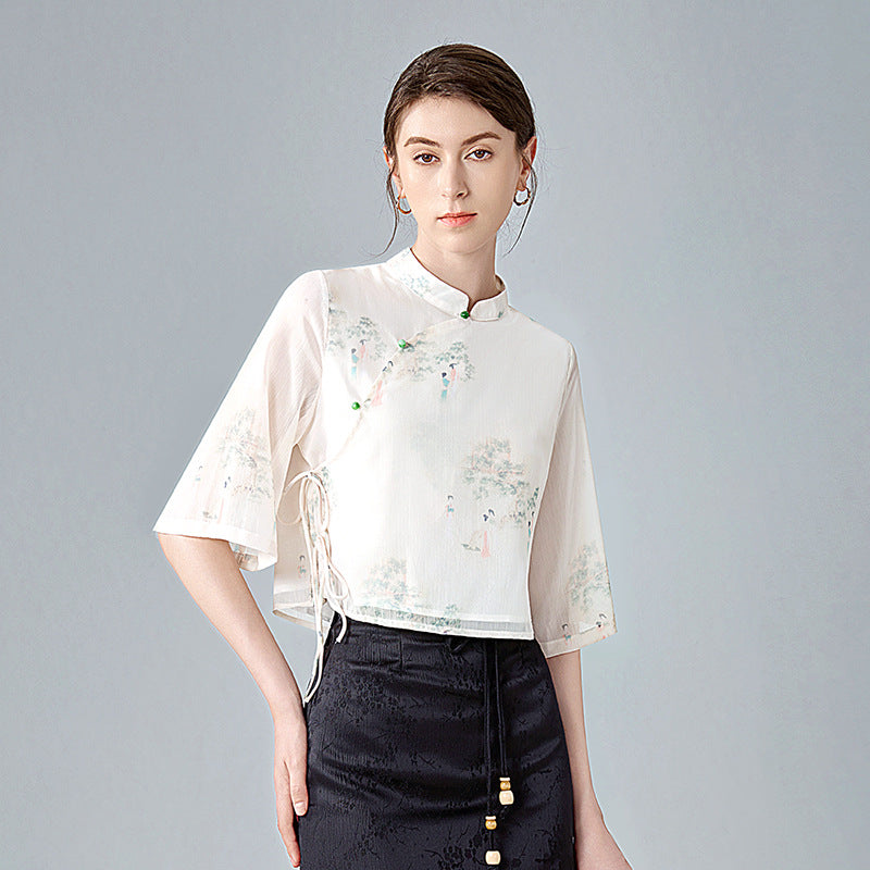 Dame kortærmet bluse med elegant ståkrave og blomsterdesign Stilla