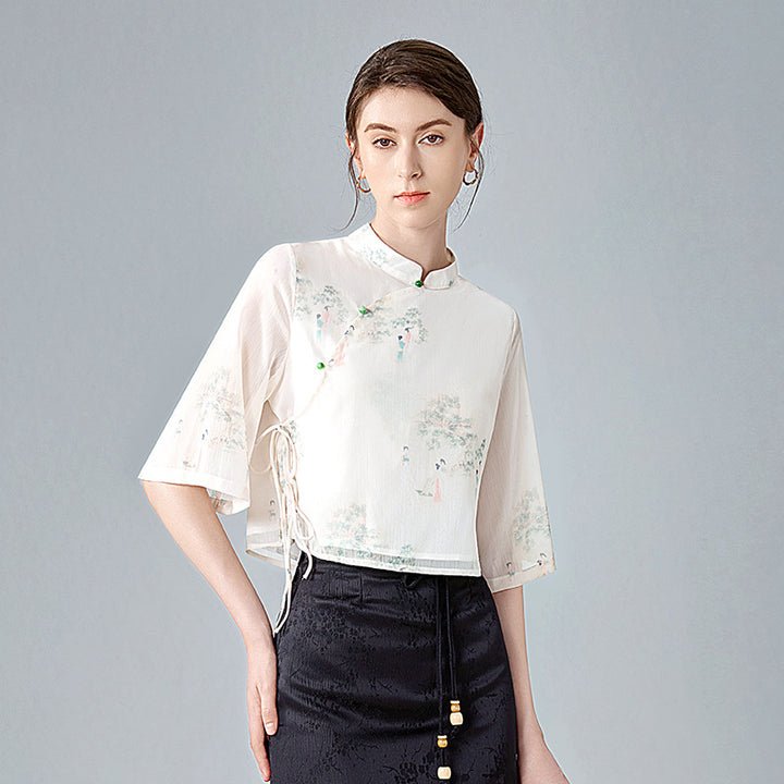 Dame kortærmet bluse med elegant ståkrave og blomsterdesign Stilla