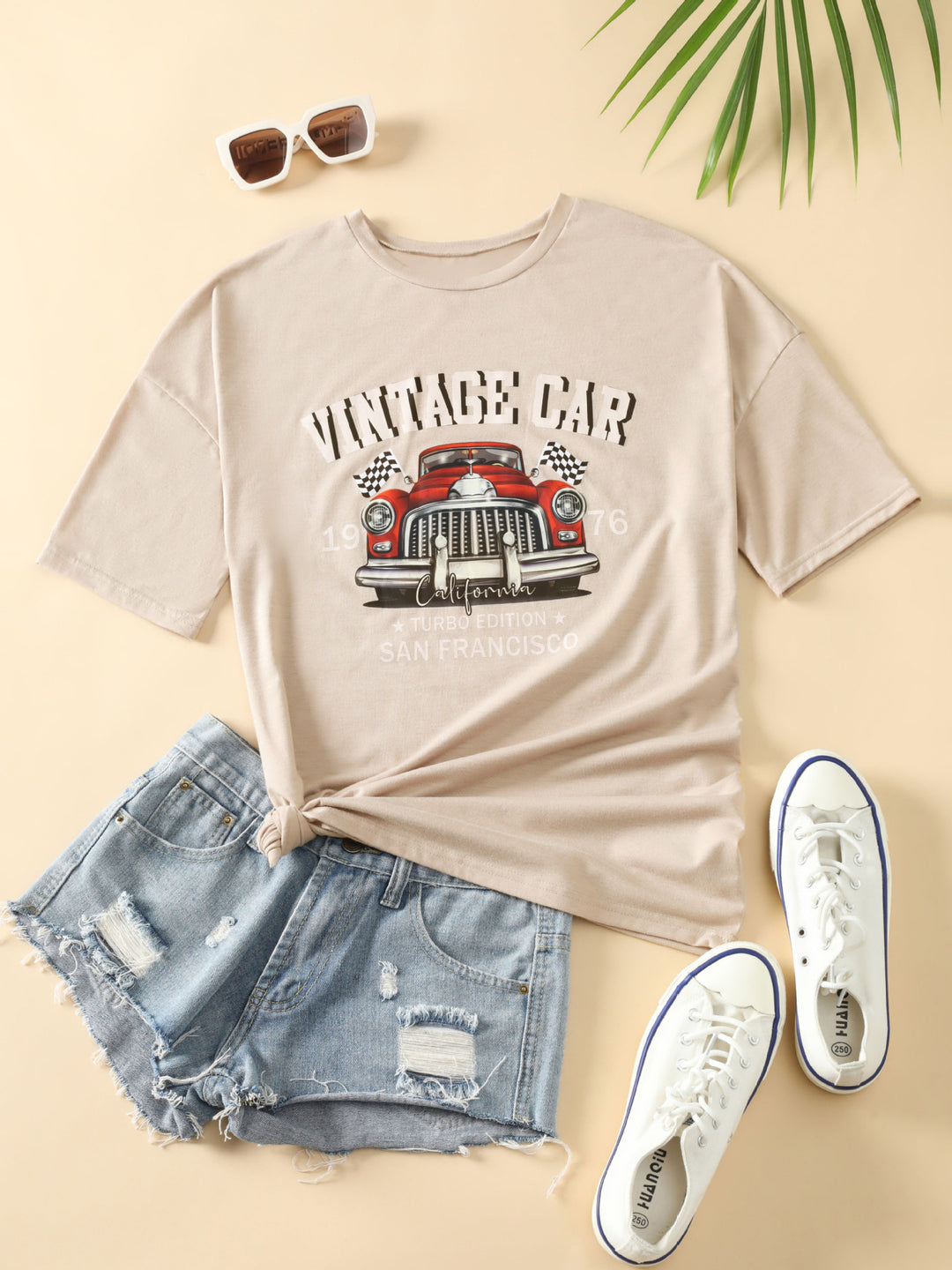 Dame Oversized T-shirt med Vintage-Bil-motiv Stilla