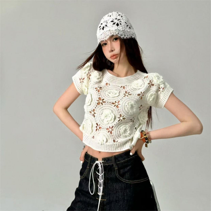 Dame Stor Hæklet Crop-Top med Blomstermotiv Stilla