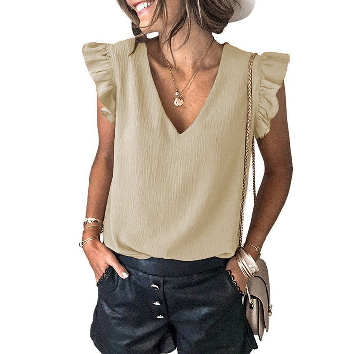 Dame V-halsbluse med volangdetaljer Stiila