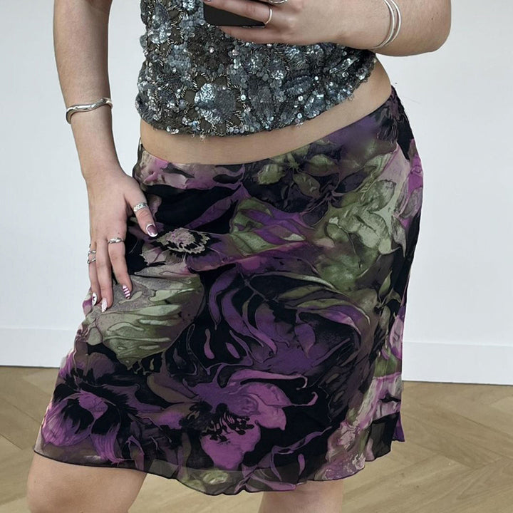 Dame midi-nederdel med blomsterdesign og elastisk talje Skovae