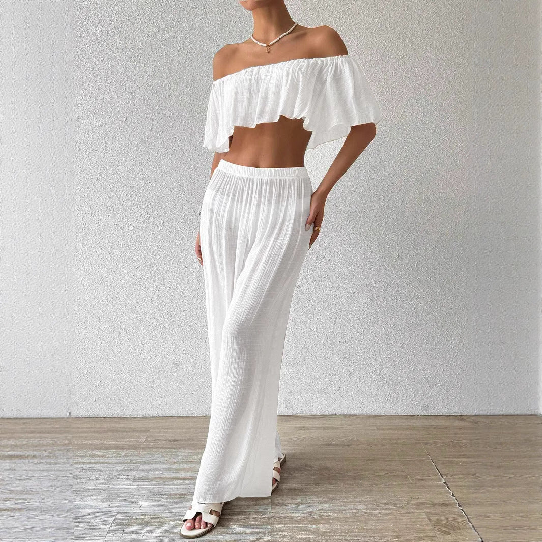 Dame luftig Palazzo-bukser med elastisk talje og off-shoulder bluse Stilla