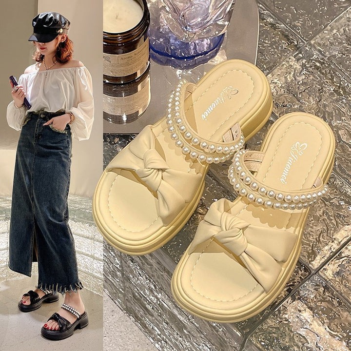 Dame Mode-sandaler med elegant sløjfe-applikation og perle-dekoration Stilla