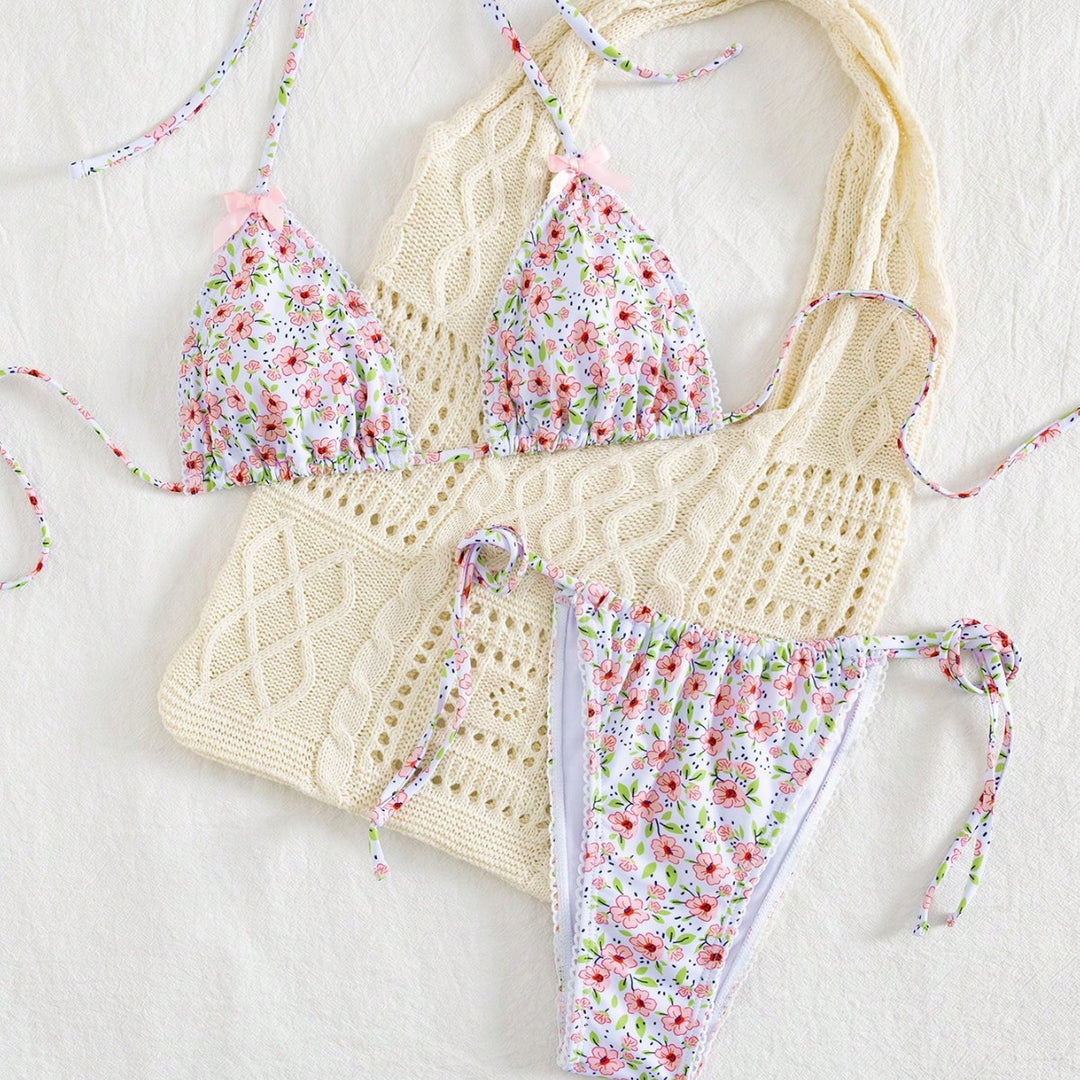 Dame triangel-bikini med blomsterprint og alsidige trusser Skovae