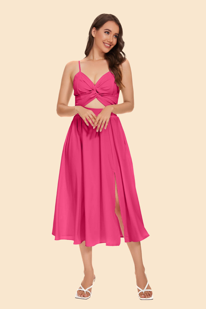Women's two-piece ensemble with elegant knot-free blouse and flowing skirt with slit Skovae