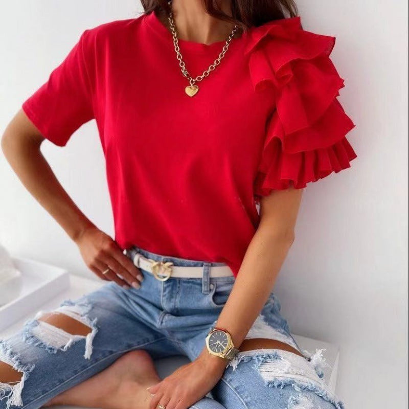 Kvinders T-shirt med trendy flæse detaljer Stilla