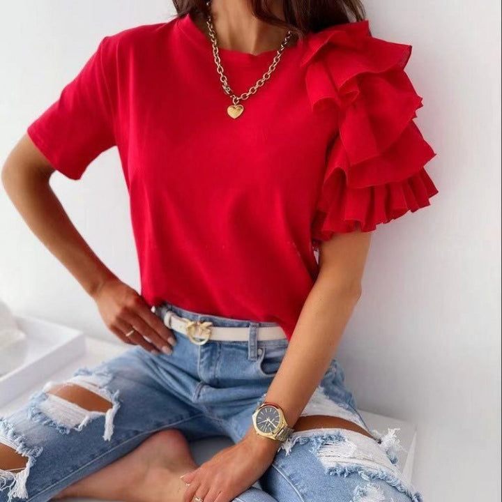 Kvinders T-shirt med trendy flæse detaljer Stilla