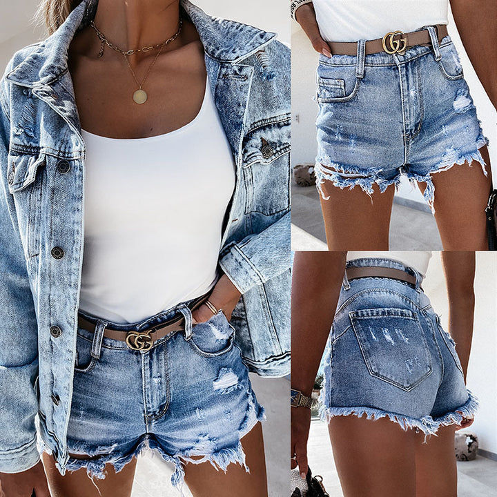 Dame Destroyed Denim-Shorts i afslappet look med frynset kanter Stilla