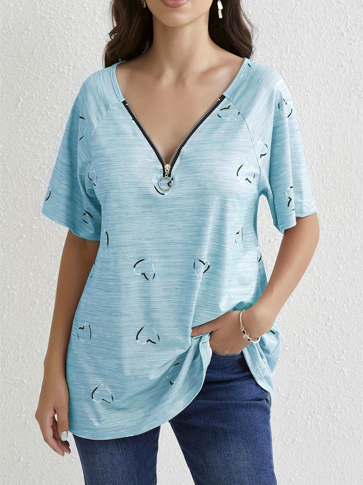 Dame moderne oversized T-shirt med halvtransparent hjerte design og moderne lynlås Stilla