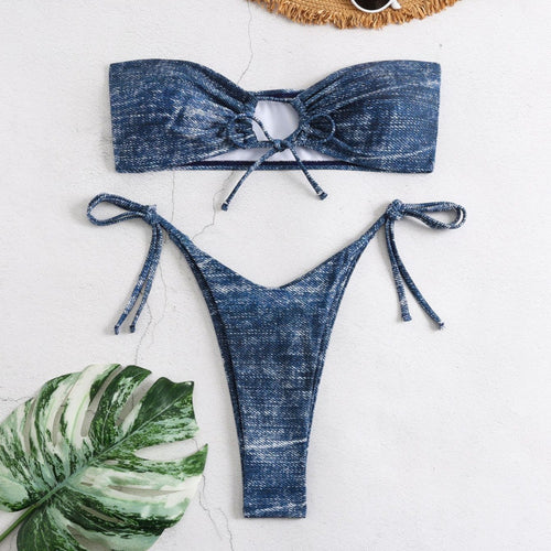 Dame Bandeau-bikini sæt med trendy denim-look og justerbare ekstra Stilla