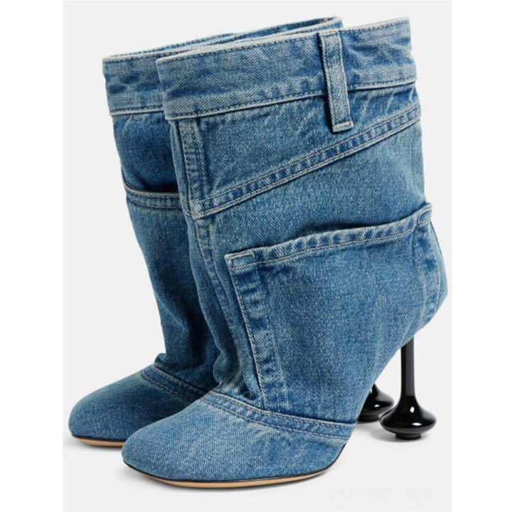 Dame High-Heel Denim Støvler med skulptureret hæl Stilla