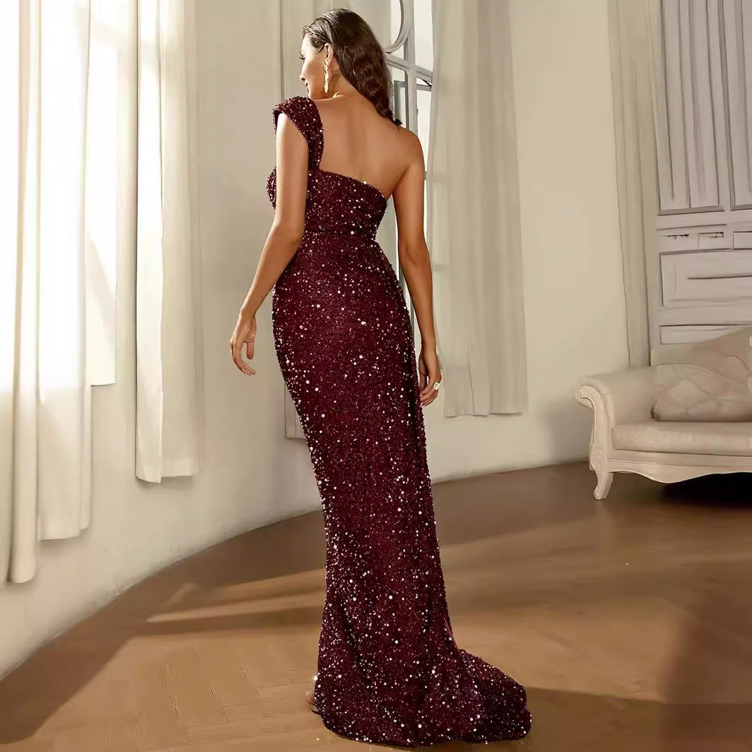 Dame Glamourøs Aftenkjole med funklende Pailletter og elegant Kortelette Stilla