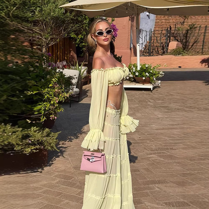 Dame luftig maxikjole med dekorativt flæsedesign og off-shoulder snit Skovae